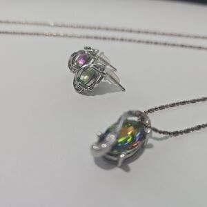 Silver Multicolor Iridescent Gemstone Earrings and Necklace Set